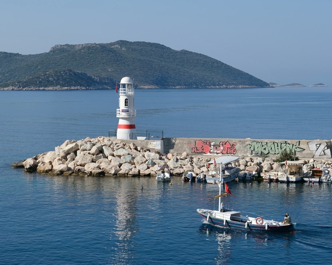 Kaş Peninsula lighthouse and Mediterranean coastline in Kaş, Türkiye