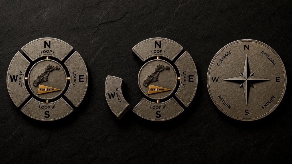Loop to Swim modular medal showing completed and partial loop configurations with compass disc